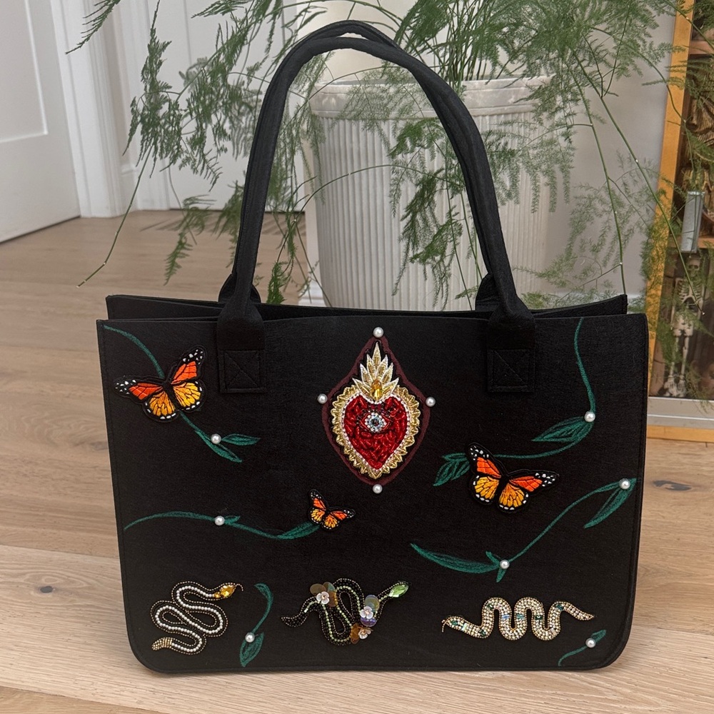 Hand made/pained artsy grocery tote large in size Embroidered black tote